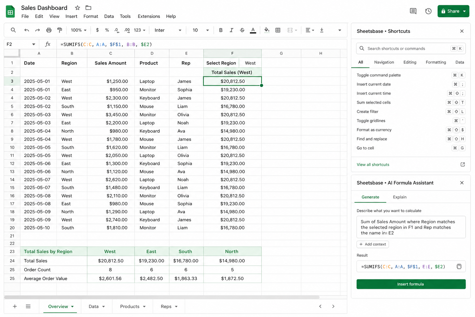 Sheetsbase formula assistant and shortcut palette inside a spreadsheet